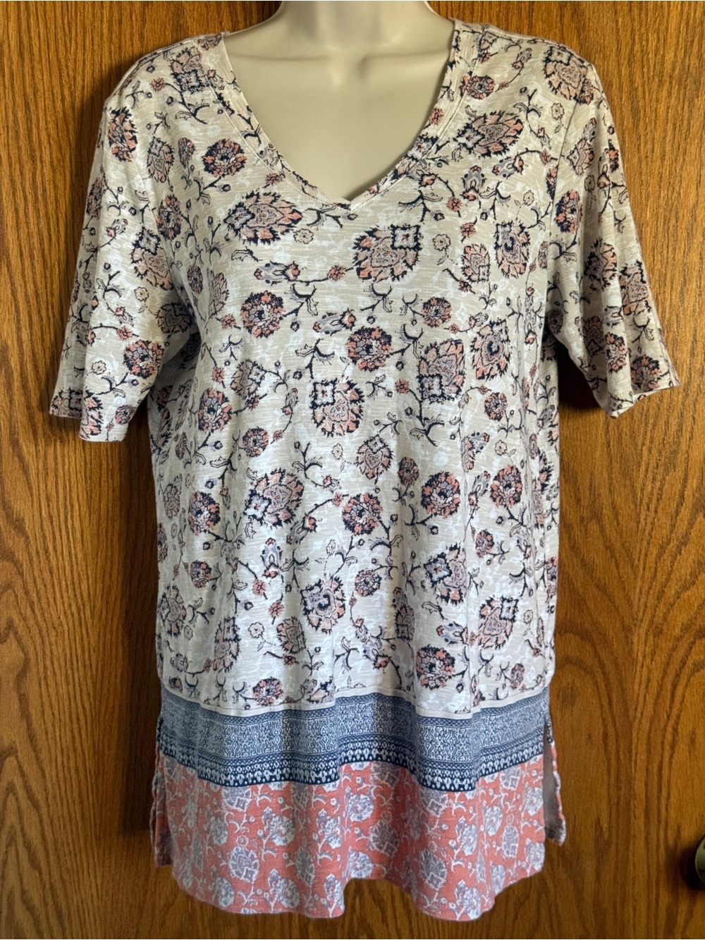 J. Jill Double V-Neck Paisley Tunic Top Pima Cotton Elbow Sleeves Women's Sz Med